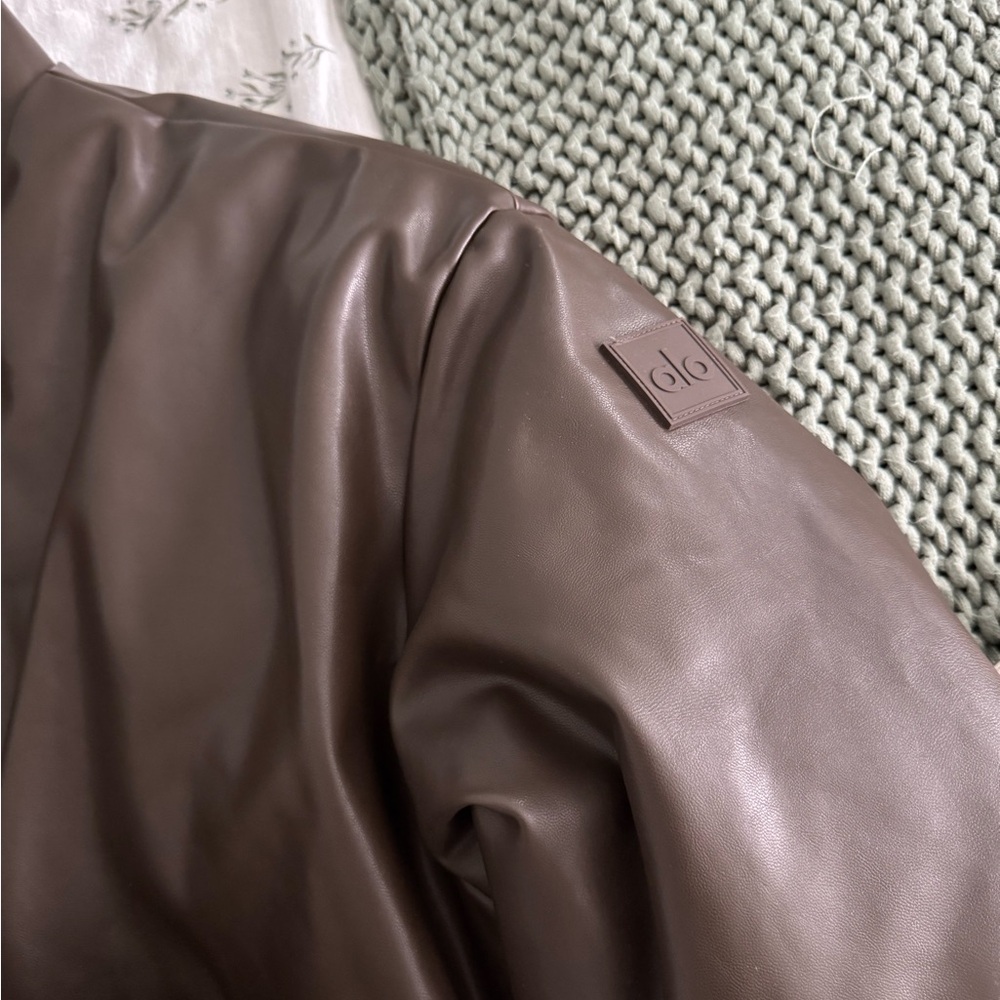 ALO Yoga Faux Leather Premier Bomber Jacket in Dark Olive Brown - Picture 6 of 7